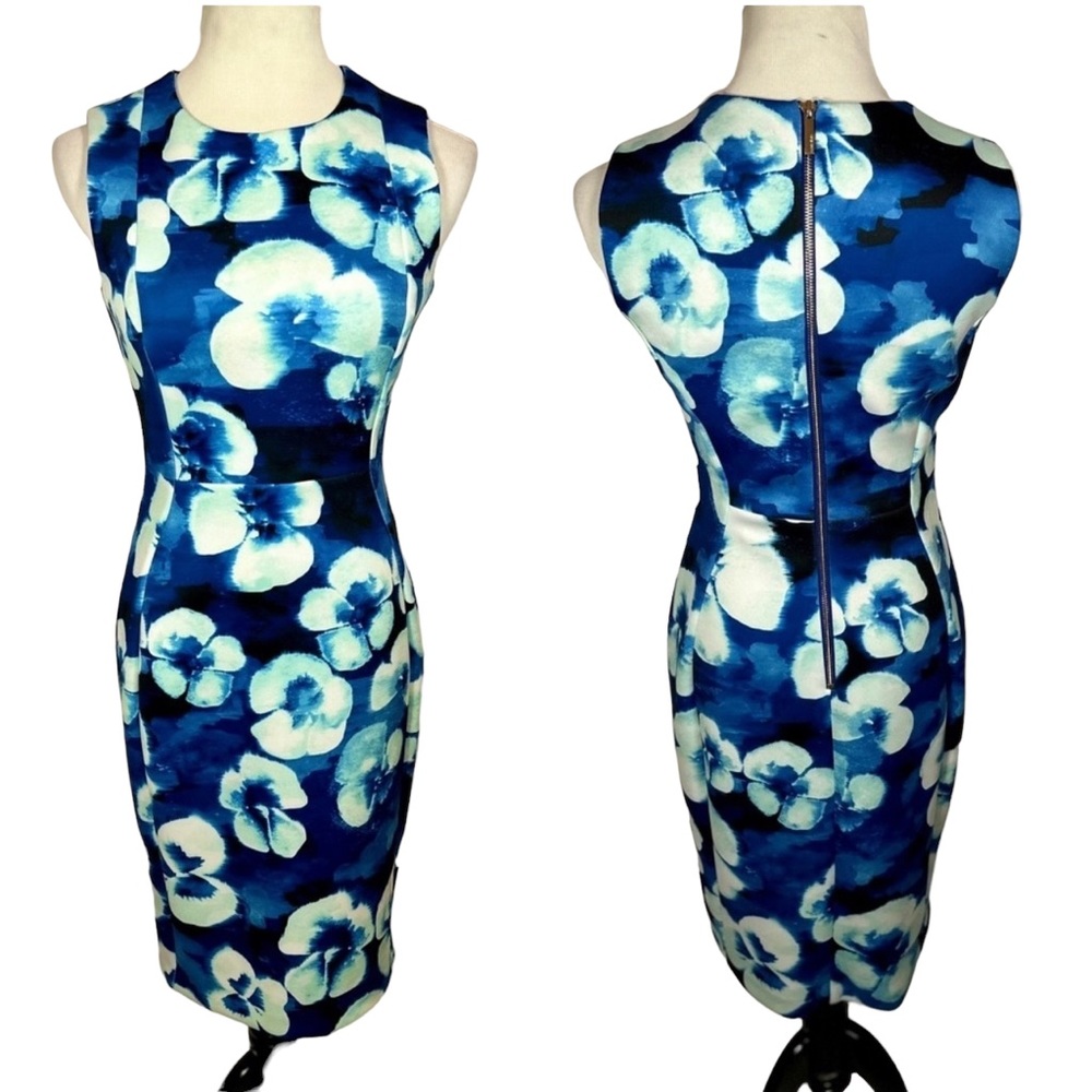 Calvin Klein Blue Floral Sleeveless Sheath Pencil fitted bodycon midi Dress